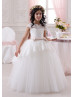 Ivory Lace Tulle Cap Sleeves Long Princess Flower Girl Dress 